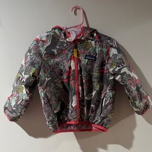 Patagonia Kids Reversible puffer - Gray with Pink and Green pattern mushrooms 2T